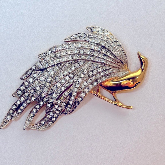 Large Vintage Gold-Plated Peacock Brooch Pin with Rhinestone-Encrusted Tail Pave - Picture 3 of 8